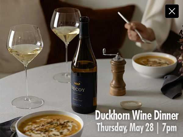 3 second ad for Duckhorn Wine Dinner on Thursday, May 28 at 7pm